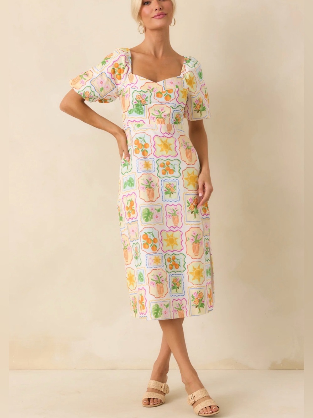 NWT Prosperina Floral Tile Print Midi Linen-Blend Dress in Pastel Multi